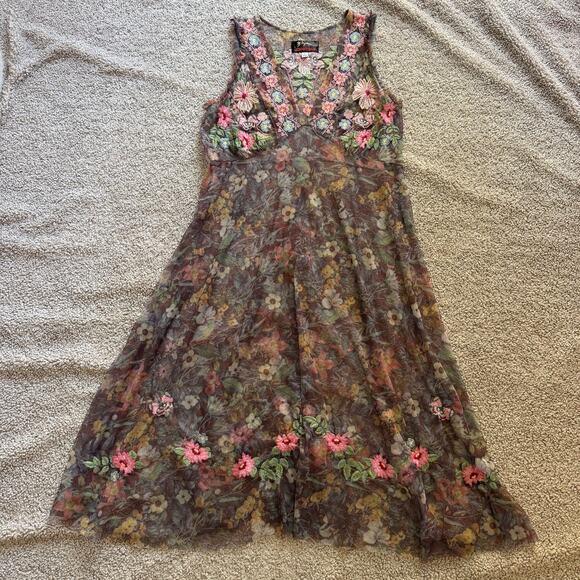 Johnny Was Dresses & Skirts - Johnny Was Biya Floral Embroidered Mesh Midi Dress Size Small